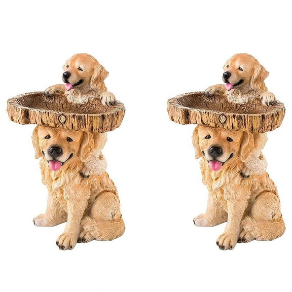 2X Puppy Polyresin Bird Bath Brown Pedestal Handmade Gifts for Outdoor Home Garden Lawn Yard Decorations