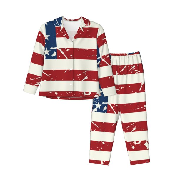 Balery Vintage American Flag Conjunto de Pijama con Estampado para Mujer, Conjunto de Dos Piezas con Manga Larga, Ropa de Dormir Suave con Bolsillos, Pijamas Cómodos-Medium
