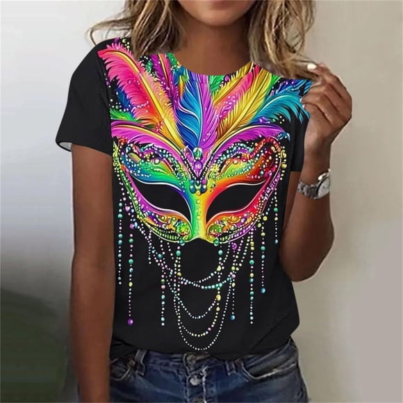 Nuoqisi Happy Mardi Gras Shirt Womens Mardi Gras Day Heart Tshirt Tuesday Carnival Tee New Orleans Party Short Sleeve Nola Carnival Party T-Shirt Fat Tuesday Tee Tops Casual Tops