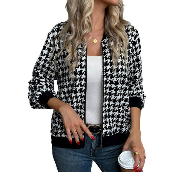 Womens Houndstooth Zip Up Jacket Casual Wool Coats Fashion Fall Outfits for Women Black S