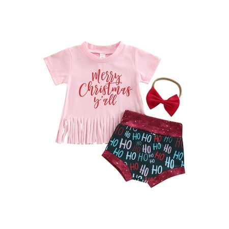 

IZhansean Newborn Infant Baby Girls Christmas Clothes Letter Print Short Sleeve Tassel T-shirts+Shorts+Headband Outfits Pink 6-12 Months
