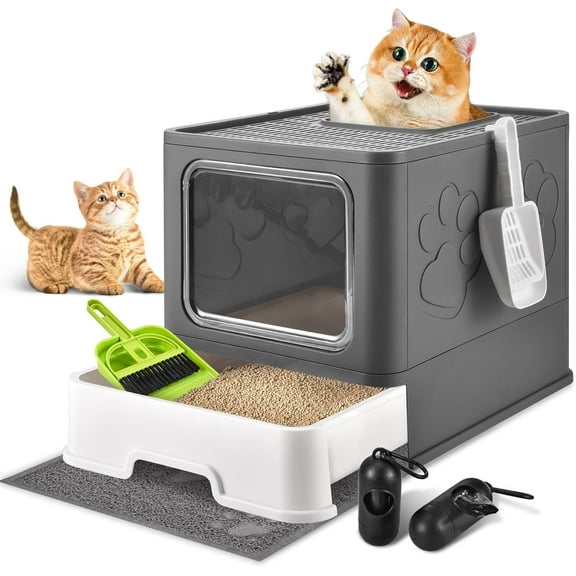 Cat Litter Box with Litter Mat, Foldable Extra Large Free in and Out/One-Way with Lid, Drawer Type Enclosed Kitty Litter Box,Odor Control Anti-Splashing Easy Cleaning