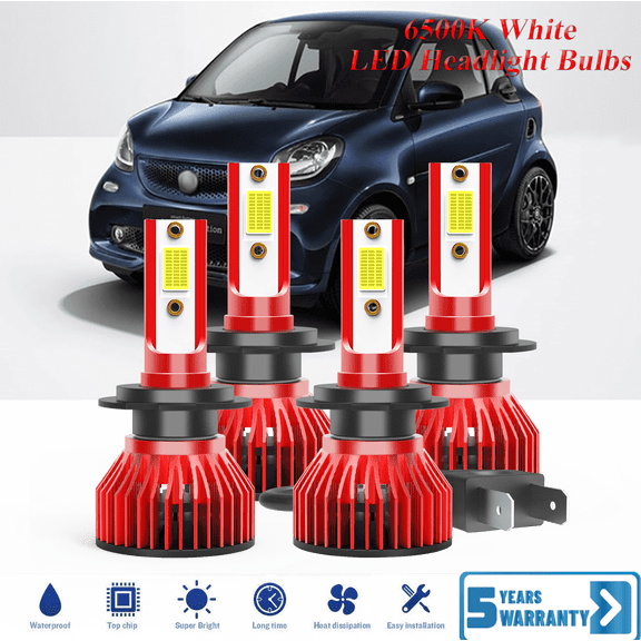 For Smart Fortwo 2008-2015 H7+H7 LED Headlight Bulb Kit High Low Beam - 30,000LM 6500K Cool White 600% Ultra-Bright Bulb, Plug & Play