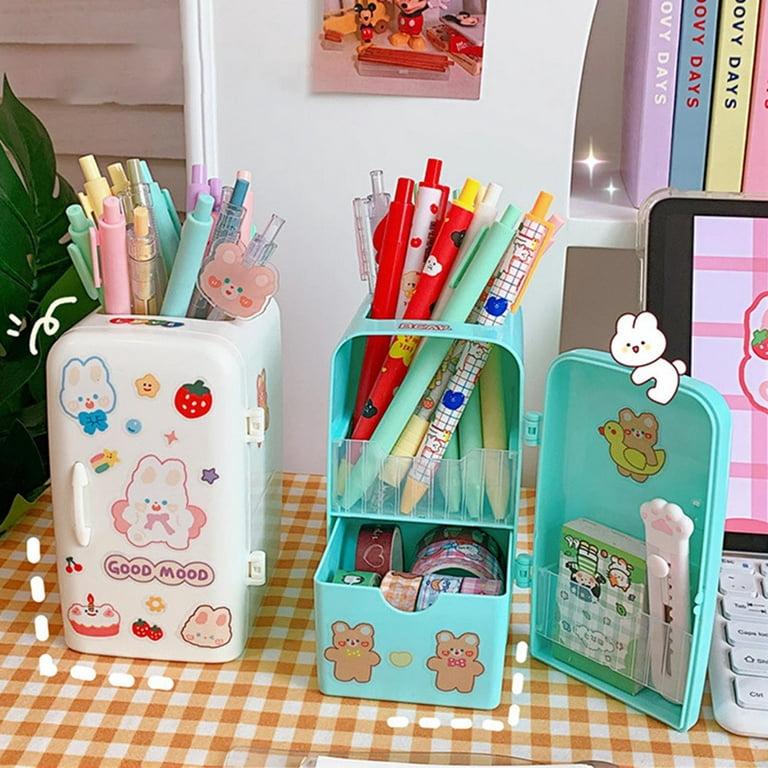 PWFE Cute Refrigerator Pen Holder With 1PC DIY Sticker Desktop Makeups  Pencil Pens Storage Box Creative School Stationery(Pink) 