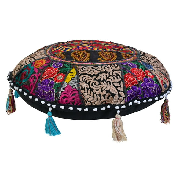 Stylo Culture Indian Round Boho Floor Pillow Vintage Patchwork Cushion Cover Black Throw Pillow Cover 18 Small Decorative Decor Seating Tuffet Seat Pouf Cover Footstool Cotton Embroidered 1 Pc