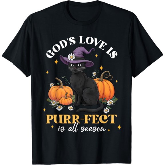 Velto God's Love Is Purr-fect Witch Black Cat Pumpkin Flowers T-Shirt All Size S-5XL