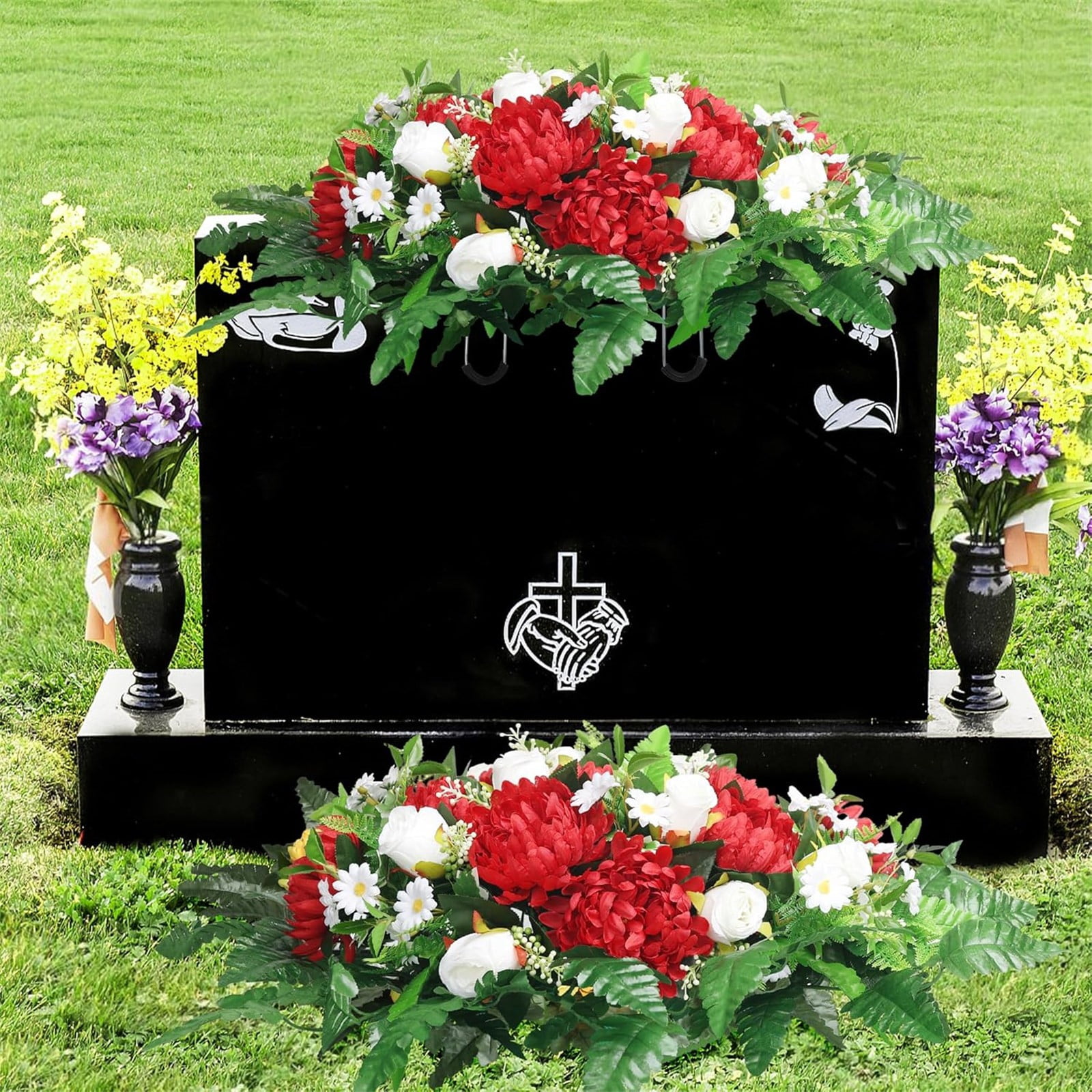 Headstone Flowers – Artificial Cemetery Flowers for Grave, Artificial Roses and Chrysanthemums Mixed - Easy to Install Cemetery Flowers for Grave Saddle, Blue,.Red and White