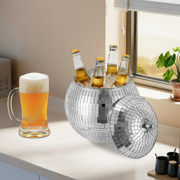 Stainless Steel Disco Ball Ice Bucket 1.5L/0.4Gal Capacity for Club Restaurant W/Protective Lid