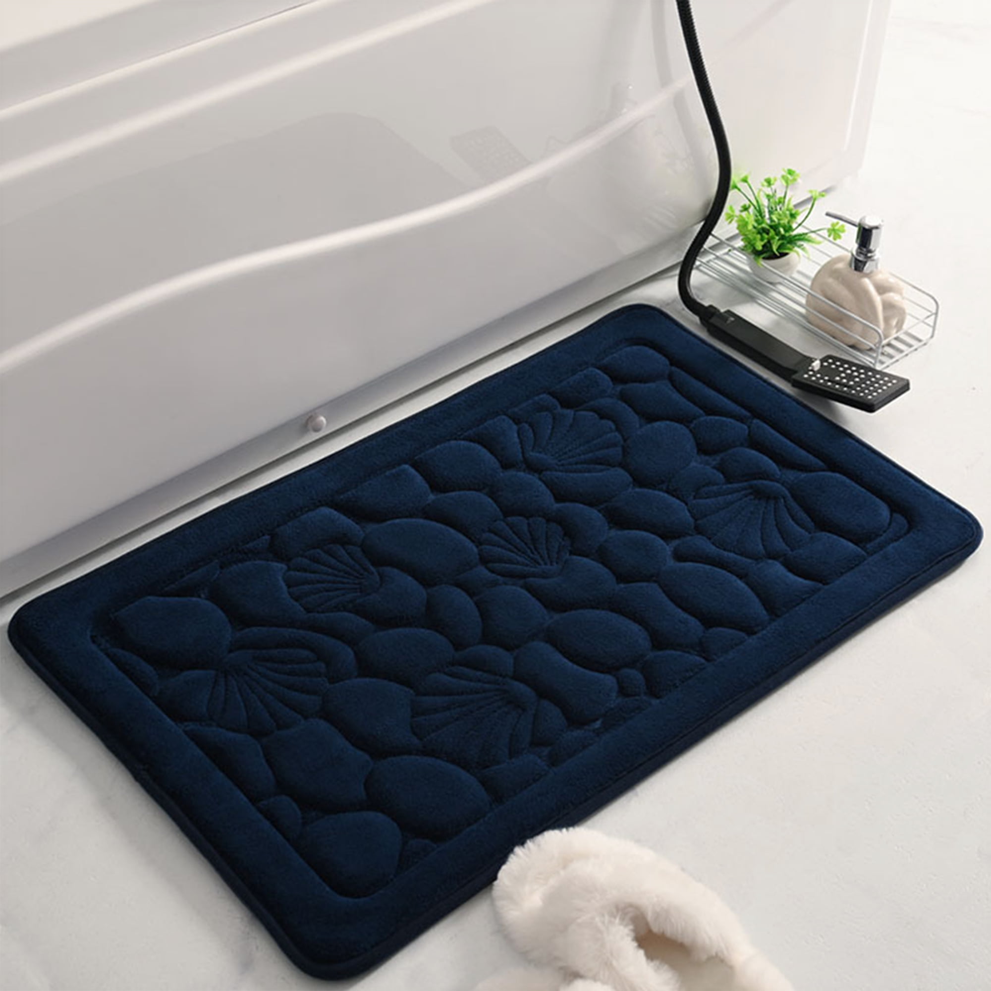 Unique Bargains Shell Pattern Bath Mat Memory Foam Non-Slip Bath Rugs Dark Blue 20" x 32"