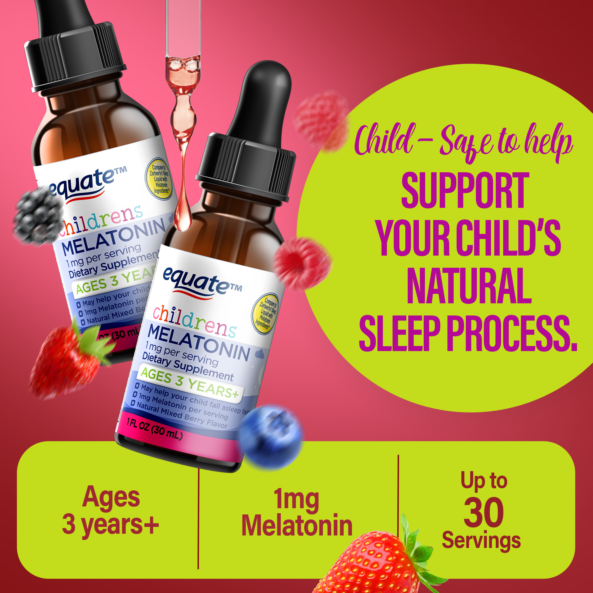 Equate Children's Melatonin Dietary Supplement Liquid for Sleep Support, Natural Mixed Berry Flavor, 1 mg, 1 fl oz