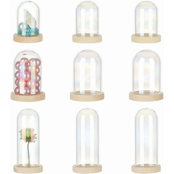 9pcs Glass Cloche Display Dome - 3 Sizes Mini Bell Jar With Wood Base Bottles Display Case for Gems Flower Teeth Storage Home Party Favor Decoration