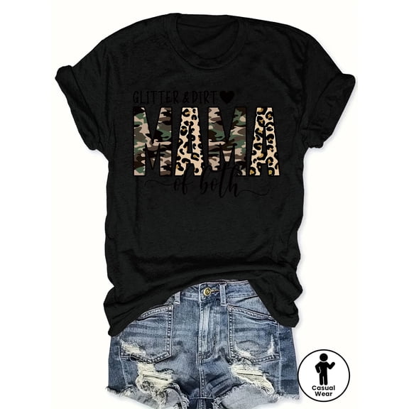 Women's Glitter & Dirt Mama T-Shirt, Trendy Camouflage Leopard Print Graphic Tee, Funny Mom Life Short Sleeve Casual Top, Perfect Mother's Day Birthday Gift for Her
