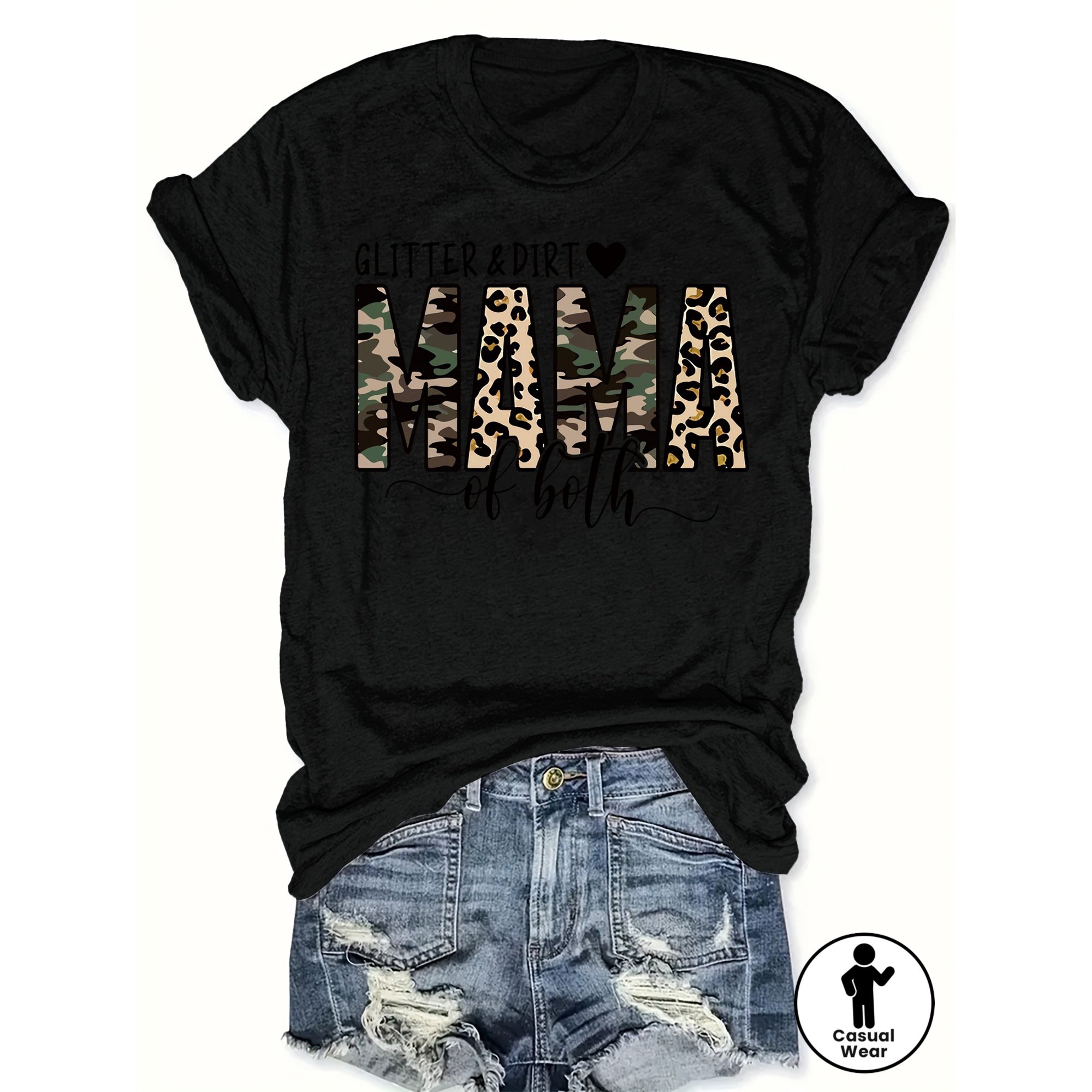 Women's Glitter & Dirt Mama T-Shirt, Trendy Camouflage Leopard Print Graphic Tee, Funny Mom Life Short Sleeve Casual Top, Perfect Mother's Day Birthday Gift for Her