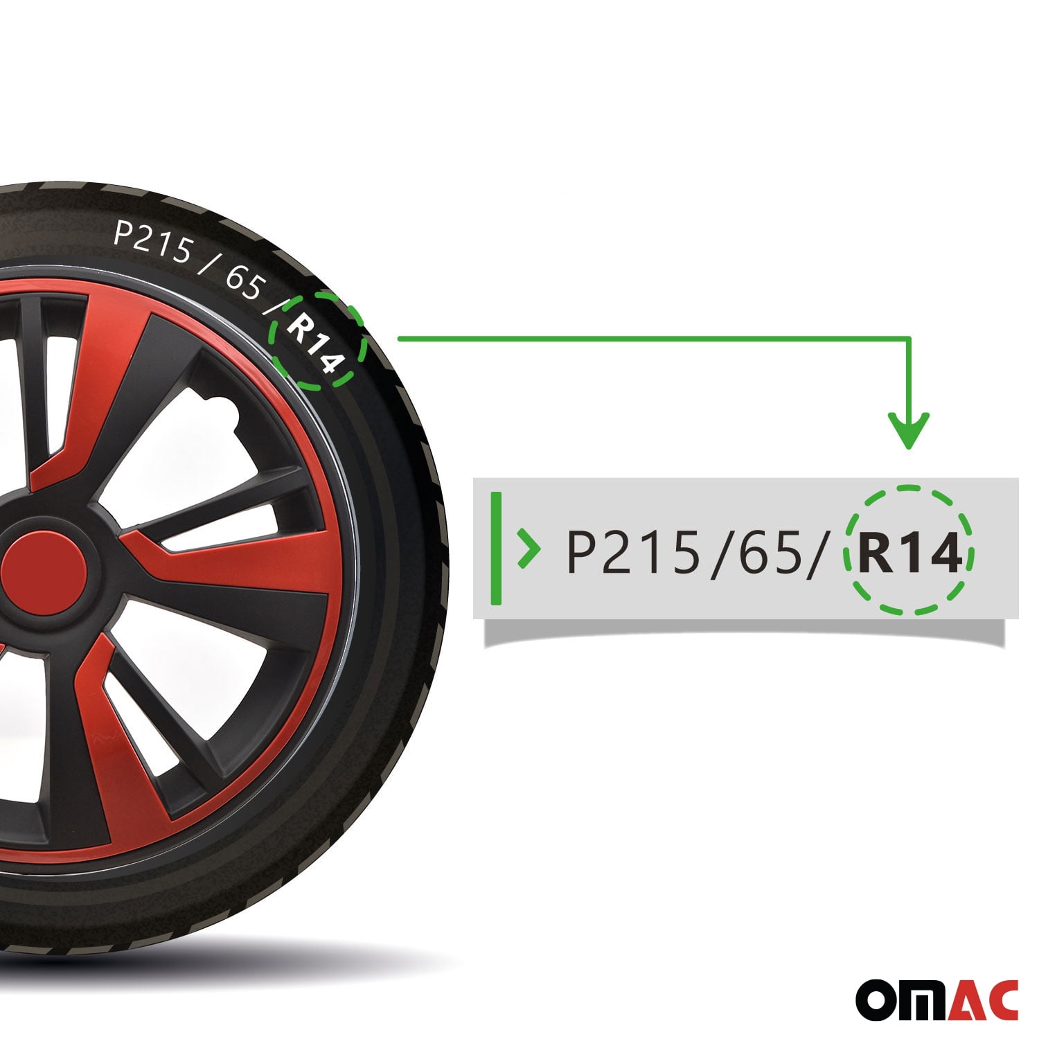 OMAC 14" Wheel Covers Black & Red 4 Pcs Hub Caps Set fits R14 Tire Steel Rim