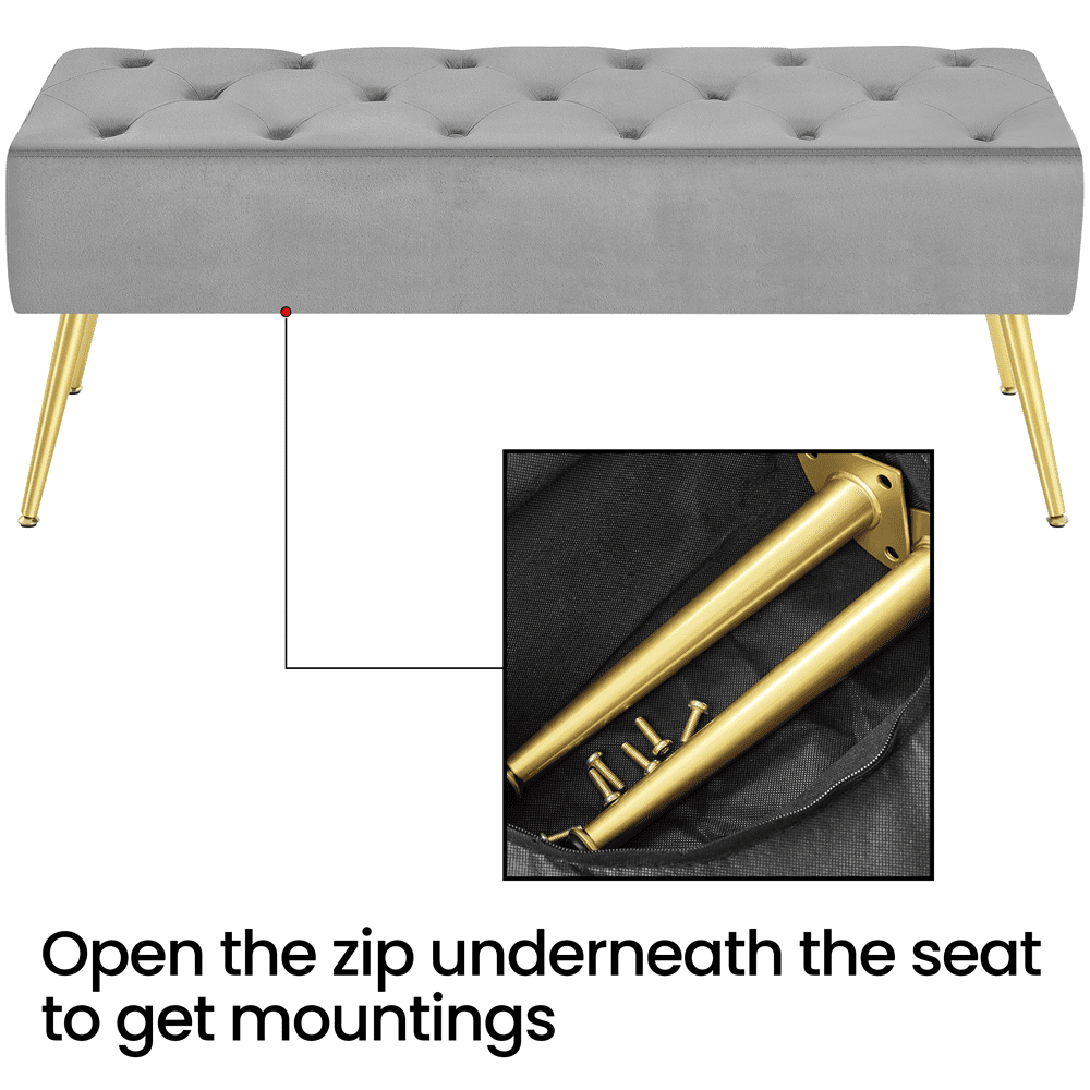 Yaheetech Modern Velvet Bench Upholstered Ottoman Footrest Stool Button Tufted with Gold Metal Legs, Gray