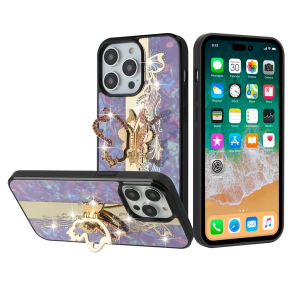 For iPhone 15 Case Rhinestone Bling Decor Glitter Phone Cover 2 Tempered Glass