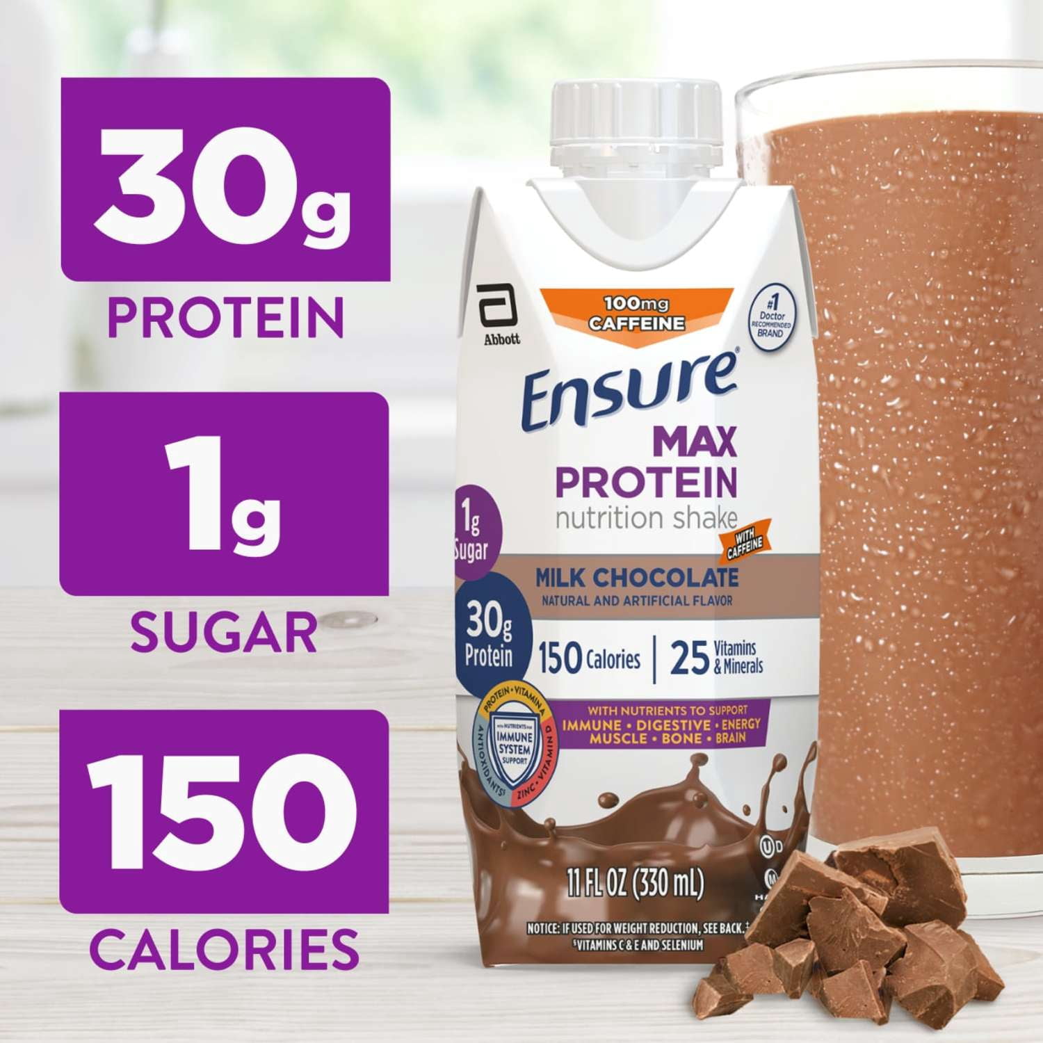 Ensure Max Protein Nutrition Shake, Milk Chocolate with Caffeine, 11 fl oz, 4 Count