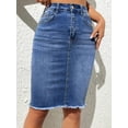 thumbnail image 5 of Blue Frayed Hem Pencil Denim Skirt Casual Fit Knee-Length, 5 of 5