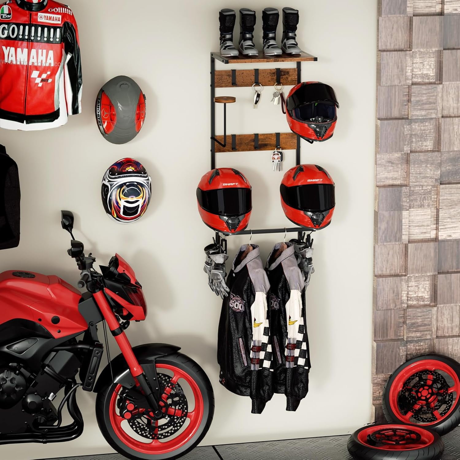 Urban Deco Motorcycle Helmet Holder Wall Mount, Helmet Rack with 4 Hat Stands, Multi-function Helmet Hanger for Motorcycle Accessories