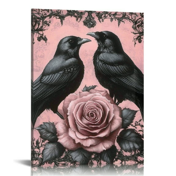 ZFLMY Black Birds Pink Rose Gothic Art Canvas Wall Decor 12x16 12x16in