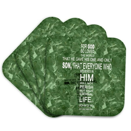 

3dRose John 3 16 bible verse in the form of a cross reflected on green granite print Set of 4 Coasters - Soft
