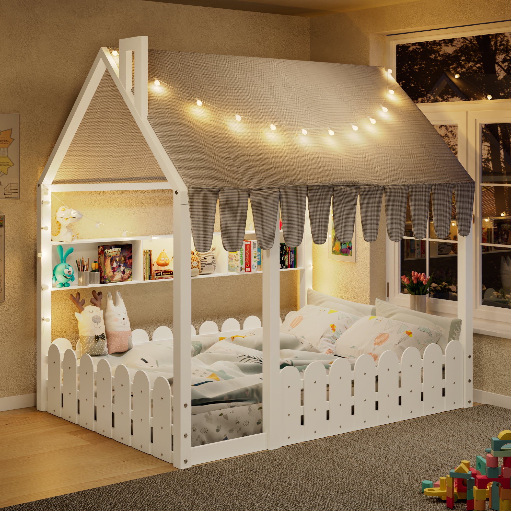 Sailvan Full Size Montessori House Bed for Kids, Floor Bed with Fence Railings, Slats not included