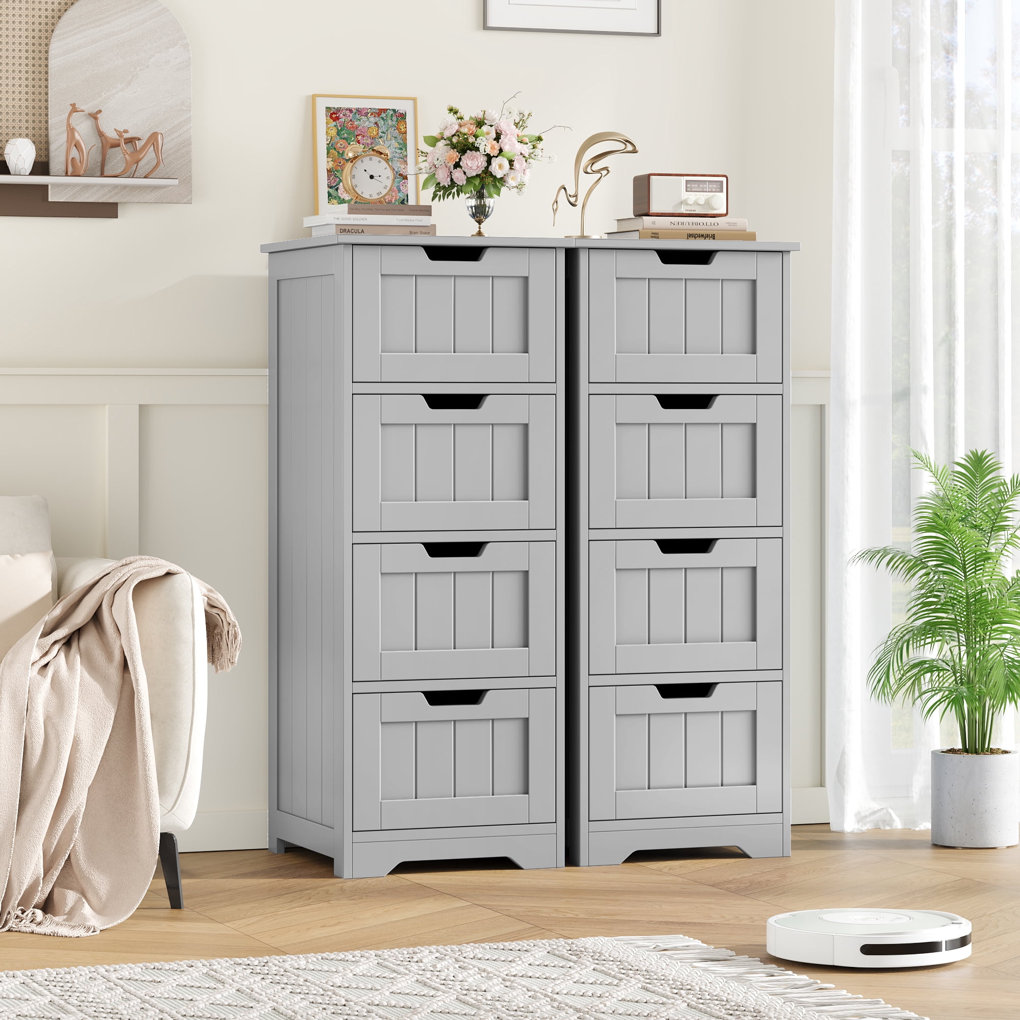 Homfa Bathroom Storage Cabinet, Free Standing Narrow Cabinet with 4 Drawers Entryway Storage Organizer for Living Room Bedroom, Grey
