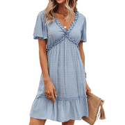 Mutural Summer Beach Dress Ladies Short Sleeve Solid Color Purfle Lace V Neck Mini Sundresses For Women Small Blue