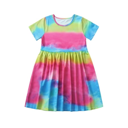 

YWDJ Party Dress for Girls Toddler Kids Tie Dyed Dress Princess Dresses Casual Clothes Hot Pink 140