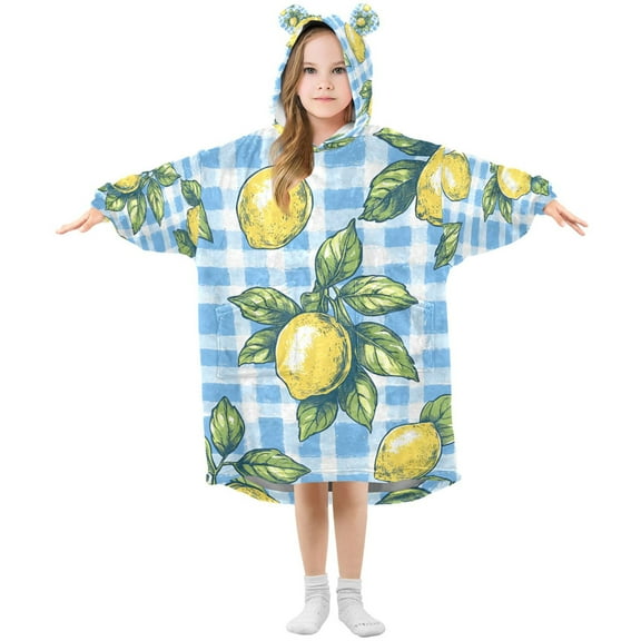 FORMRS Wearable Blanket Hoodie with Sleeves for Kids Cozy Flannel Sweatshirt, Cartoon Plaid Lemon