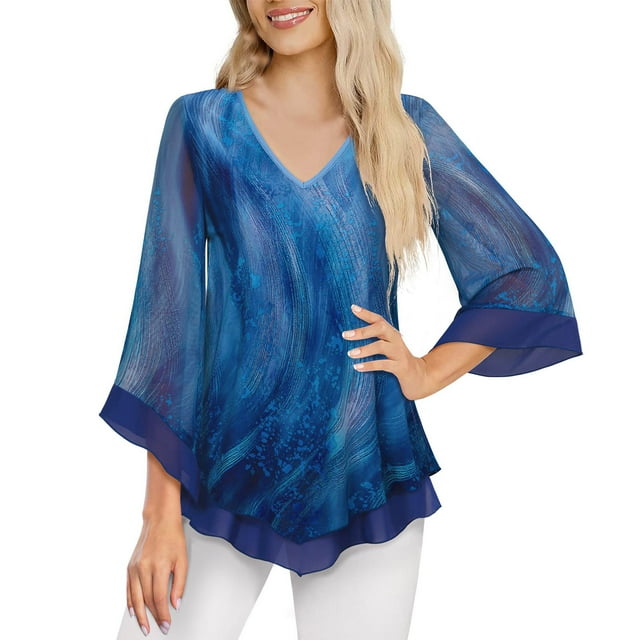 Birdeem Womens Summer Fashion Solid Print Double Mesh Shirt 3/4 Flared Sleeve V-Necktunic Blouse Tops