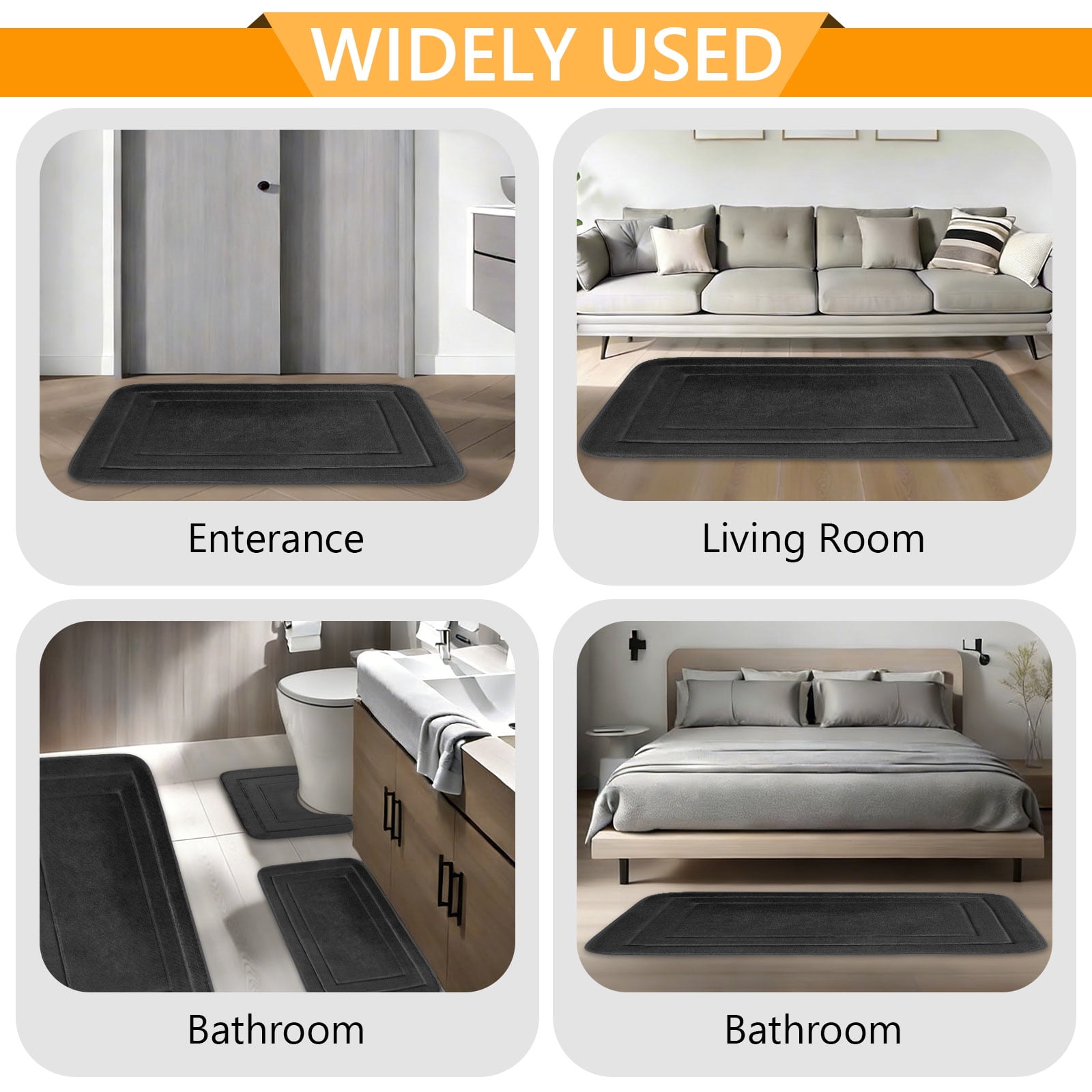 Tripumer 3 Pcs Black Memory Foam Bath Mat Set Bathroom Rugs Set U Shape Toilet Mats for Toilet Shower Sink