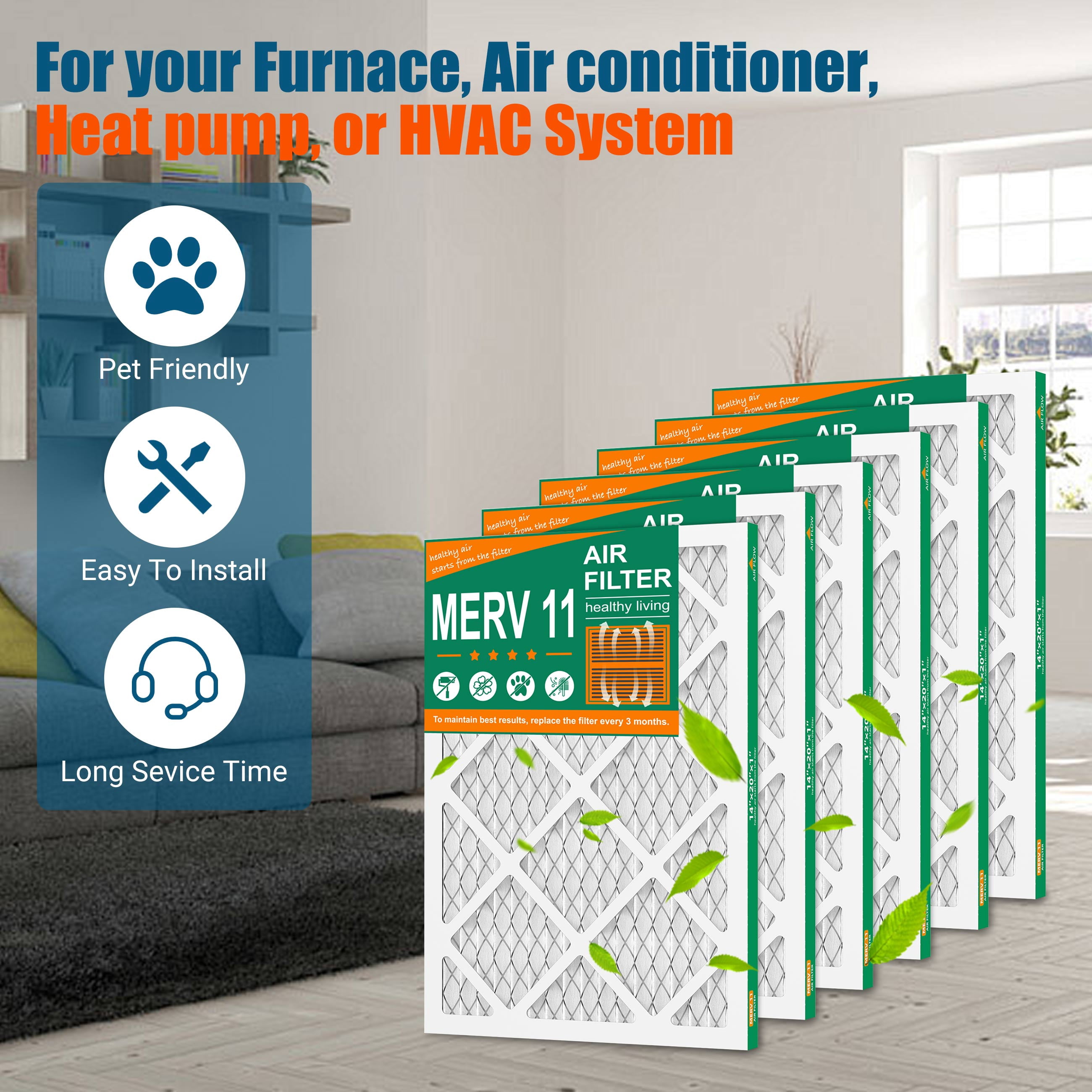 SUIXINEYI MERV11 14X20X1 HVAC Pleated Furnace Air Cleaning Filter,Air Conditioner Filter for Dust Reduction,6 Filters