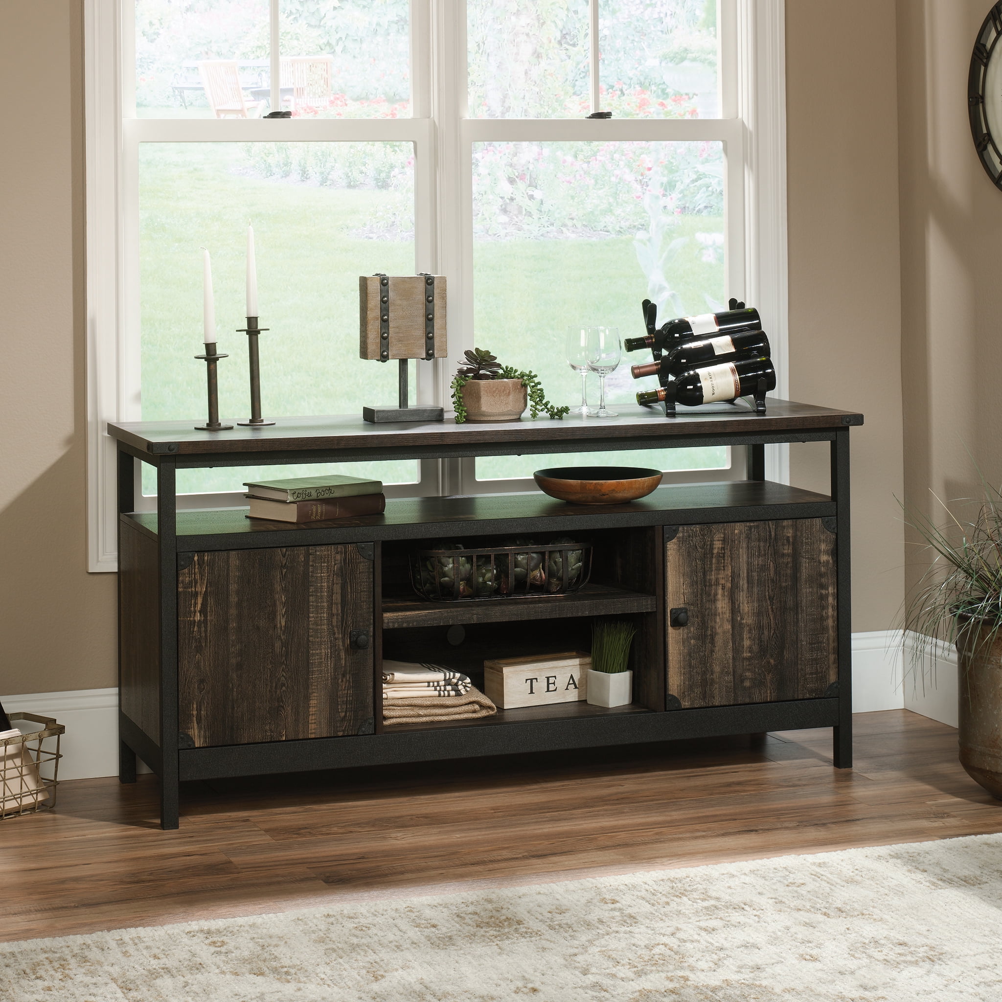 Sauder Steel River Rustic Metal & Wood TV Stand with Doors for TVs up