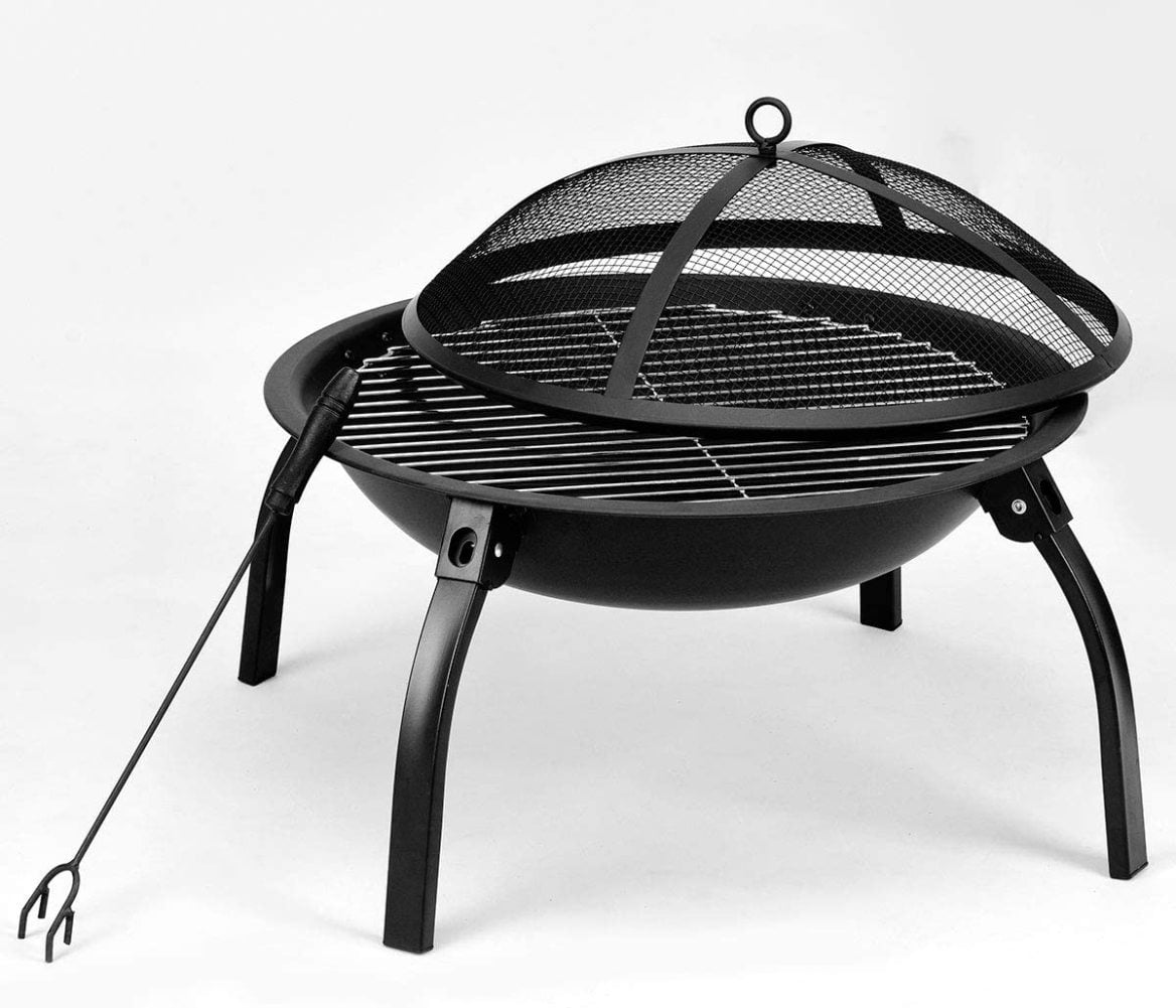 Black Giantex 22 Outdoor Steel Fire Pit 4 Legs Round Picnic Firebowl Wood Burning Patio & Backyard Fire Pit Portable Folding Fire Bowl with BBQ Grill Spark Screen Cover and Poker 