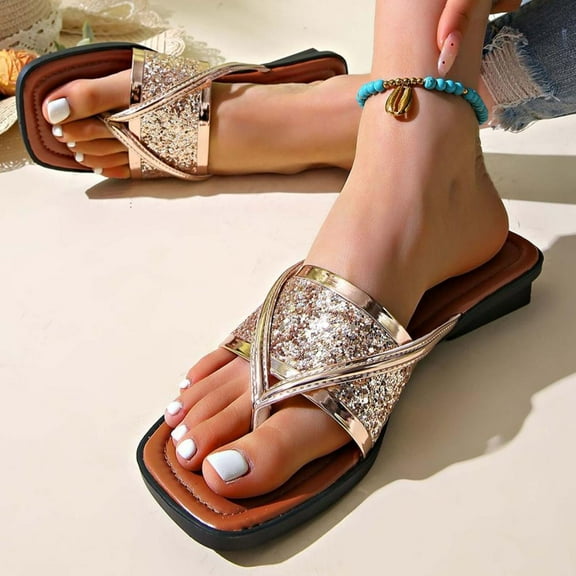 Bxsruta Woven Metallic Slippers with Decorative Stitching, Non-Slip Flat Sole for Home/Beach Use