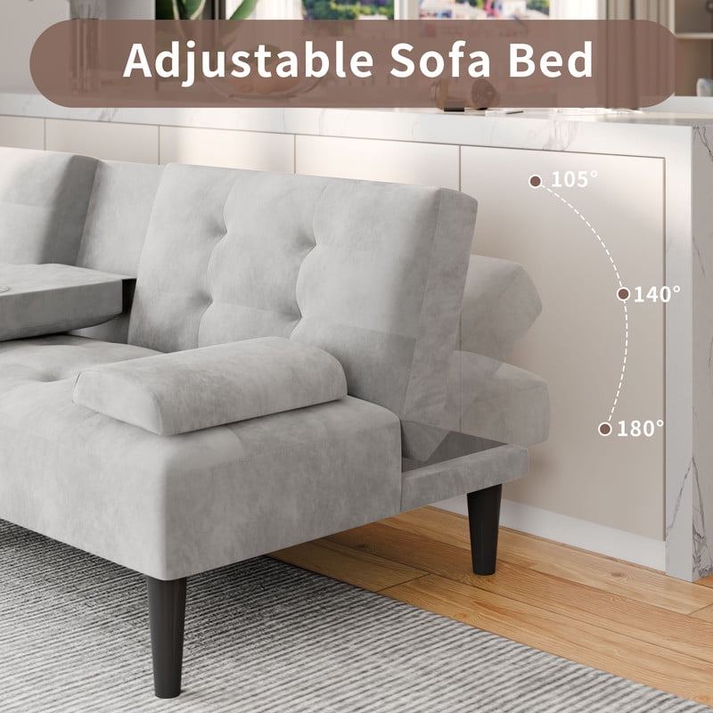 Walsunny Convertible Futon Sofa Bed, Foldable Futon Sleeper Sofa Bed with 2 Cup Holders, Folding Loveseat Recliner with 3-Angle Adjustment Modern Couch for Living Room, Small Space, Light Gray