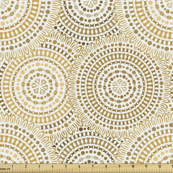 Ambesonne Ethnic Fabric by the Yard Upholstery, Brownish Floral Circles Art, 1 Yard, Pale Camel Ginger and Caramel