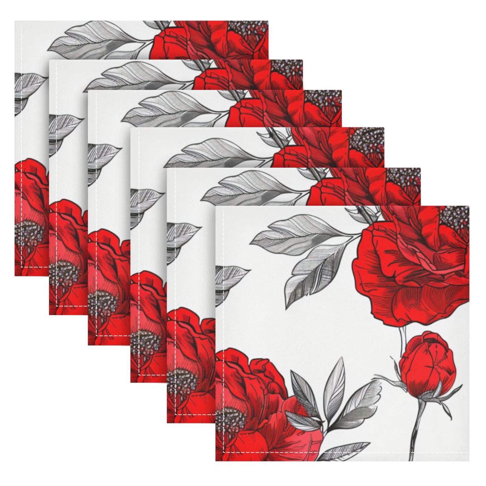 JSTEL Red Peony Flowers Cloth Napkins Set of 6, 20x20 Inch Washable and Reusable Napkin for Decoupage Dinner Party Everyday Use
