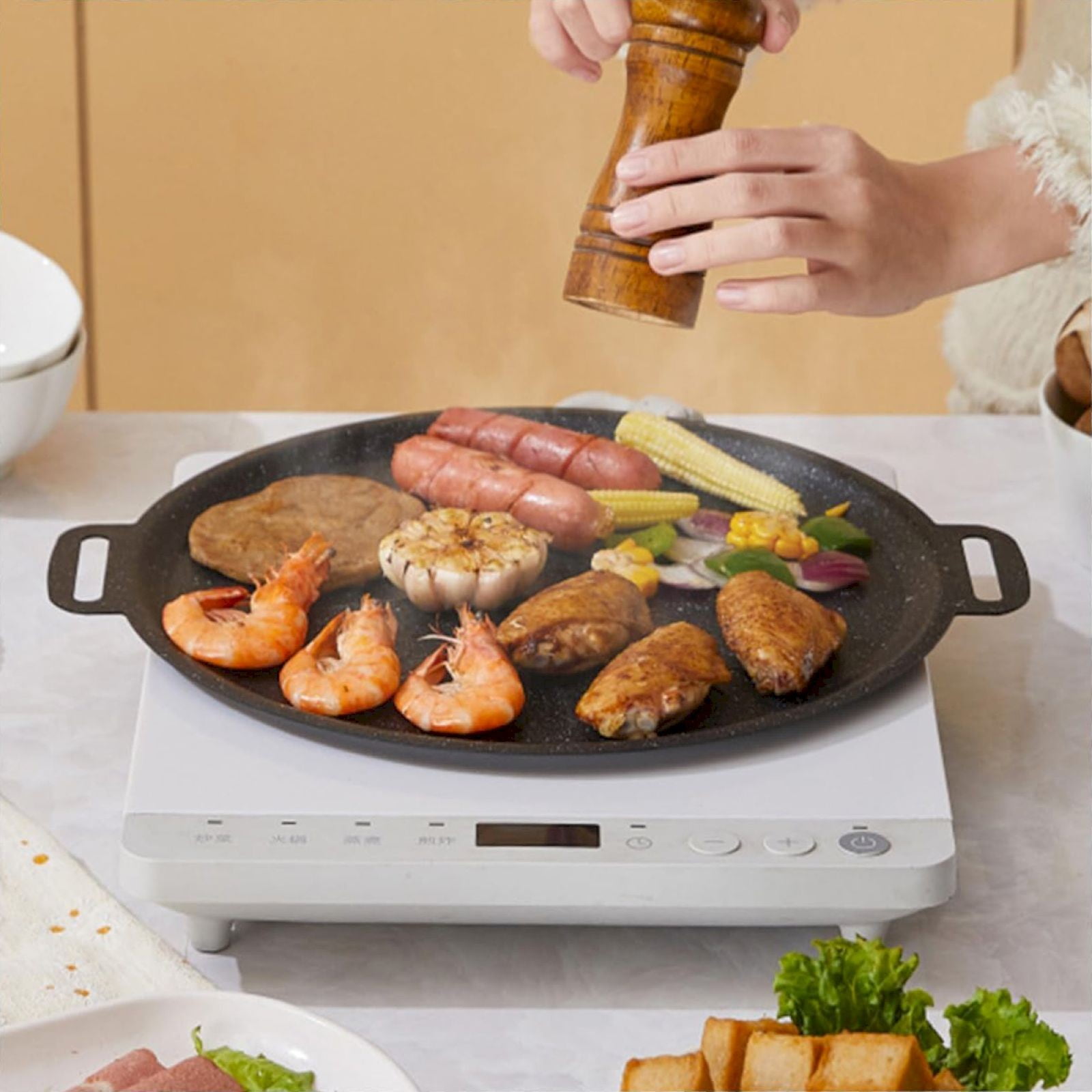 Korean Grill Pan, Nonstick Round BBQ Griddle Pan, Stove Top & Outdoor Cooking, Portable Pancake Pan, Hangable Handles, 2-in-1 Grill Plate Skillet for Stove Nice Grill Accessories 11.8 Inch (34cm)