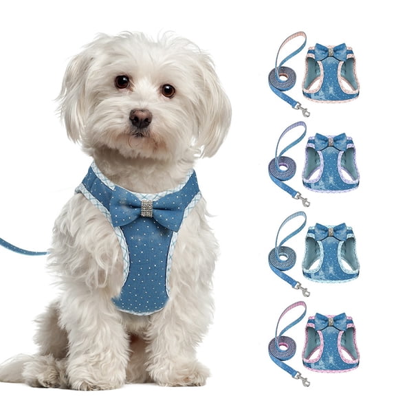 Pet Artist Soft Breathable Mesh Dog Harness and Leash Set Jeans Style Cute Bowtie Padded Puppy Small Breed Walking Vest Leashes for Cat