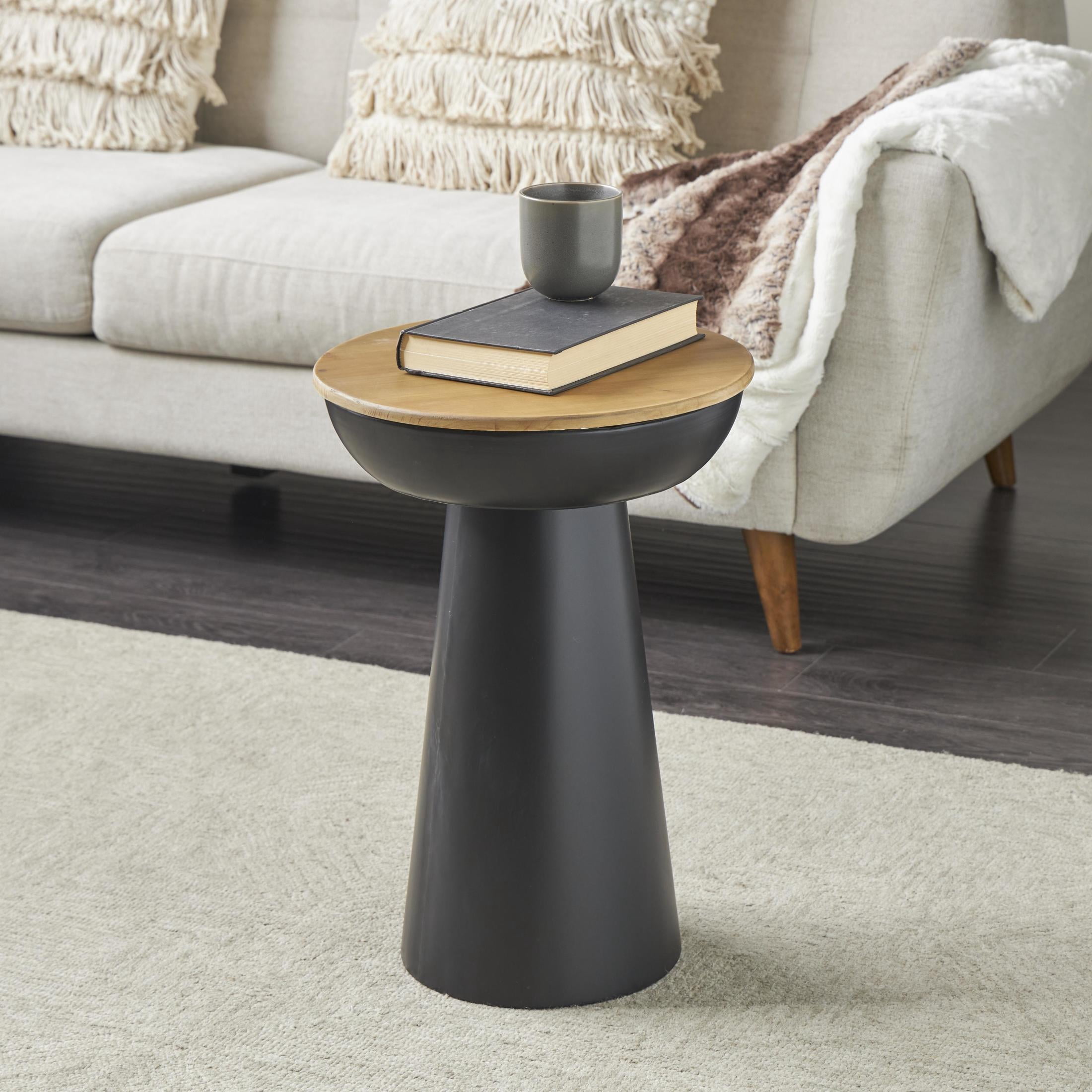 DecMode 15" x 21" Black Metal Handmade Pedestal Accent Table with Brown Wood Tabletop, 1-Piece
