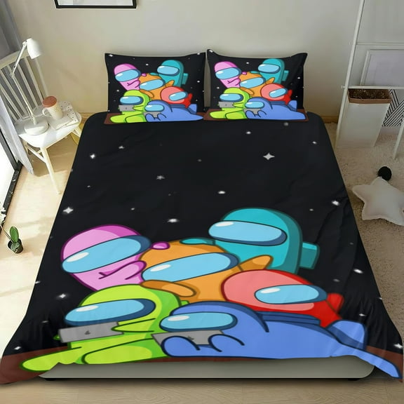 among us Themed Bed Sheet Set Three Piece Set 53x79 In ches Comfortable And Skin Friendly Unique Design Creating A Star Studded Night Home Decor Gifts For Family Friends fans