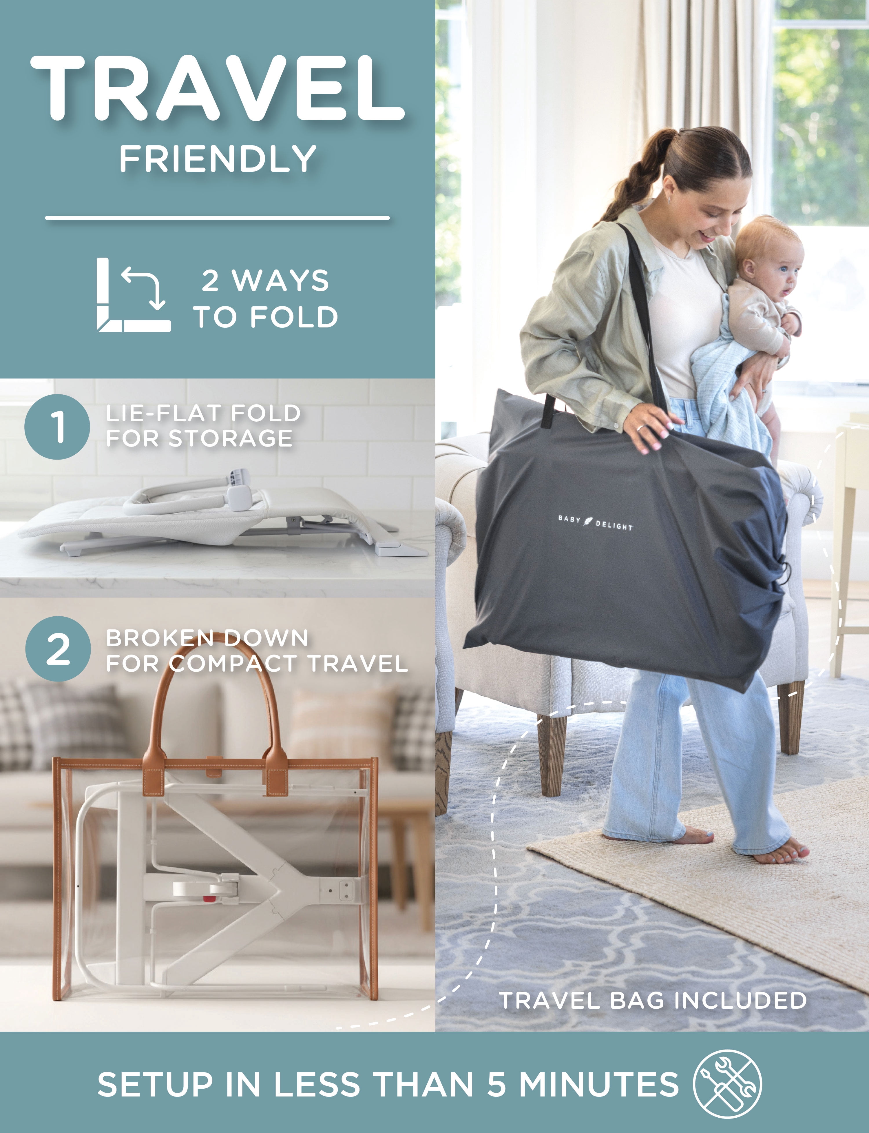 Baby Delight Alpine Deluxe Portable Bouncer, for Infants 0-6 Months, Driftwood Grey