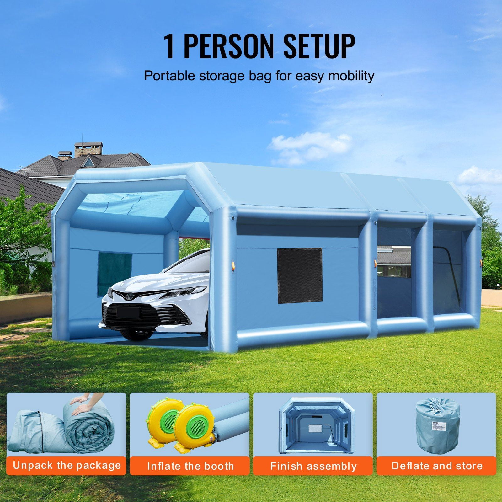 HCY Inflatable Paint Booth, 26.2 x 14.8 x 9.8 ft Inflatable Spray Booth, Portable Car Paint Booth for Small Truck, with 950W+750W Powerful Blowers and Air Filter System, Large Motorcycle, Midsize SU
