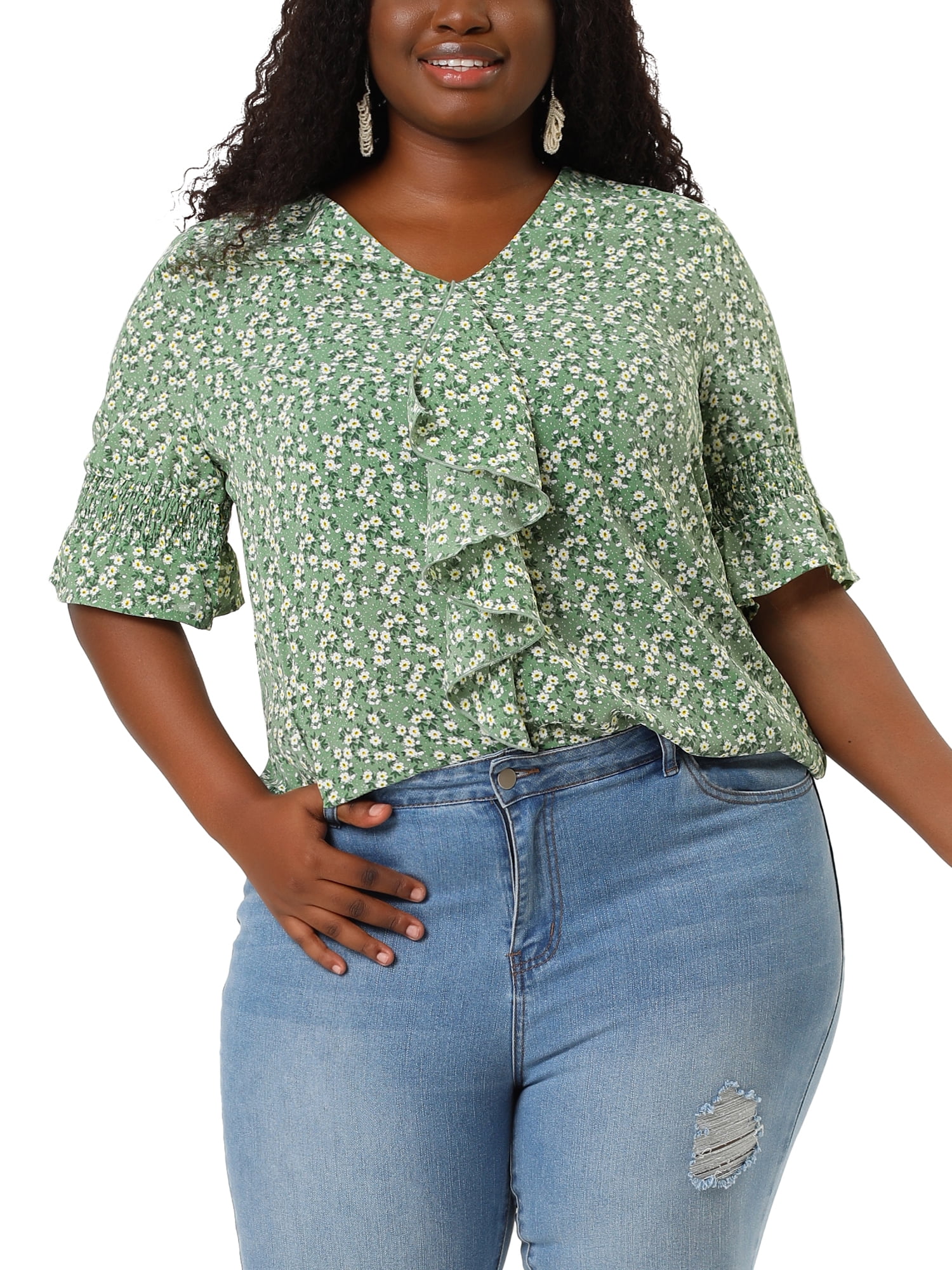 Ruffle Blouse V Neck 1/2 Sleeves Top 