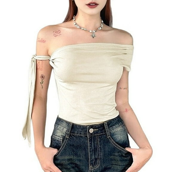 Women'S Off Shoulder Double Lined Crop Tops 2025 Going Out Sleeveless Asymmetrical Y2k Tops Apricot S