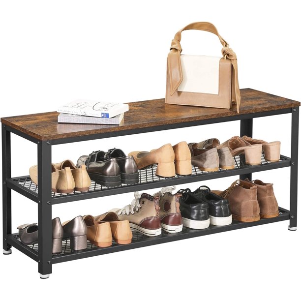 Banco Zapatero, Banco para Zapatos, Organizador con 2 Estantes, 100 x 30 x 45 cm, Estilo Industrial, Marrón Rústico y Negro MLBS78B01