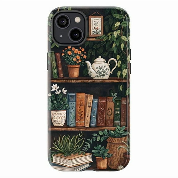 Cozy Book Nook Phone Case | Botanical Bookshelf Design with Plants, Teapot & Vintage Books | Compatible with iPhone 16 15 14 13 12 11 Pro Max