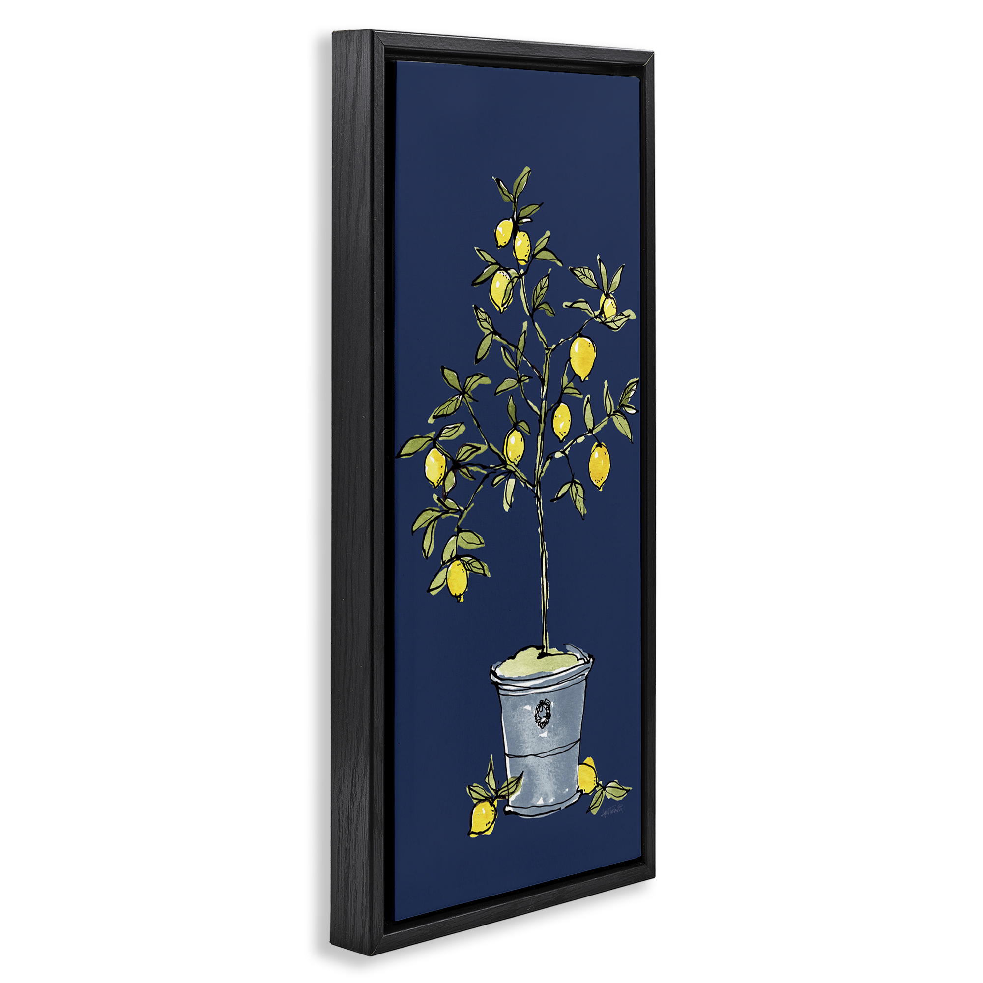Stupell Industries Citron Lemon Plant Botanical & Floral Painting Black Floater Framed Canvas Art Print Wall Art, 15 x 31